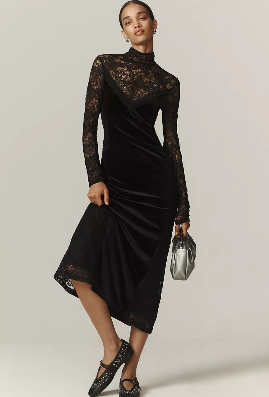 By Anthropologie Long-Sleeve Mock-Neck Lace Velvet Slip Midi Dress Black M NWT